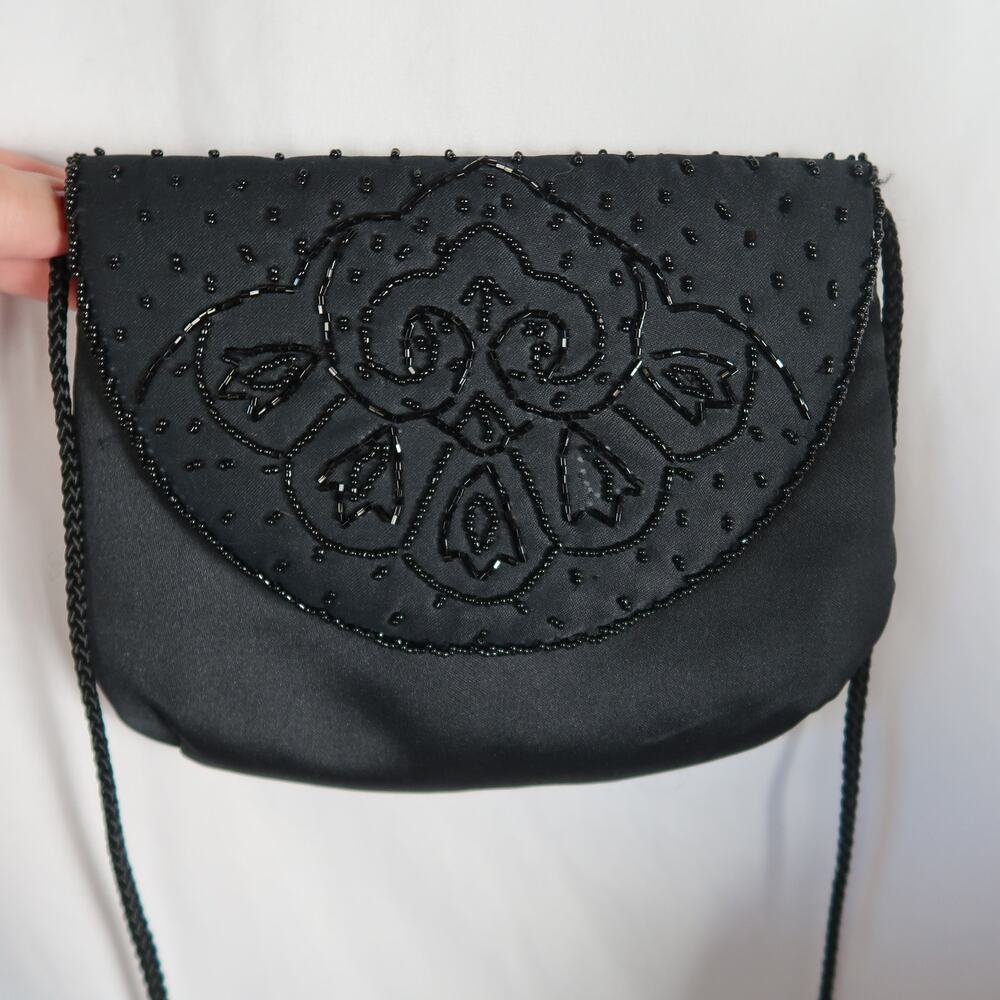 Vintage 90s Black Satin Beaded Purse Crossbody Evening Bag Clutch